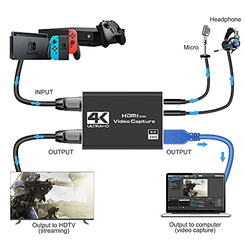 TKHIN Capture Card , Tarjeta de Captura de Juegos con Salida de Bucle HDMI 4K , 1080P 60FPSpara Juegos, grabadora de Video, transmisión en Vivo, Funciona para Switch / PS4 / Xbox / PC / Camera / OBS