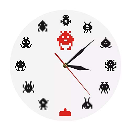 yage Clásico Juego Vintage Space Alien Invader decoración de la habitación de los niños Reloj de Pared Pixel Art Invader Robot Arcade Games Room Wall Art Clock