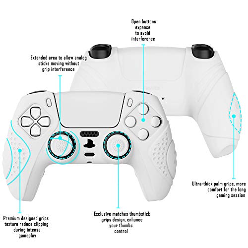 eXtremeRate PlayVital Funda de Silicona para PS5 Protector Tacto Suave Carcasa Ergonómica con 2 Tapas de Joysitcks para Playstation 5 Funda de Goma para PS5 Mando(Edición Guardian-Blanco)