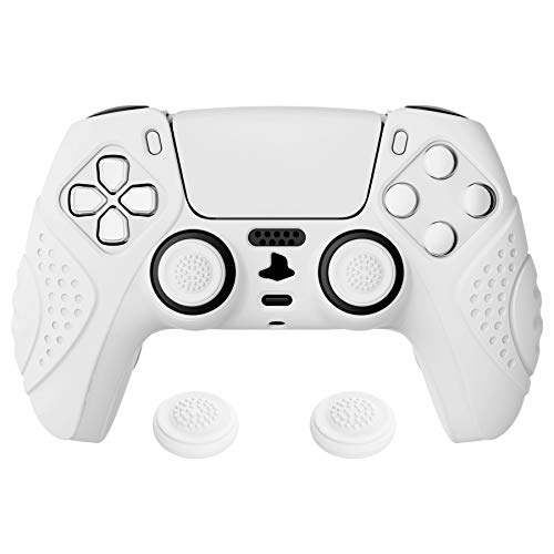 eXtremeRate PlayVital Funda de Silicona para PS5 Protector Tacto Suave Carcasa Ergonómica con 2 Tapas de Joysitcks para Playstation 5 Funda de Goma para PS5 Mando(Edición Guardian-Blanco)