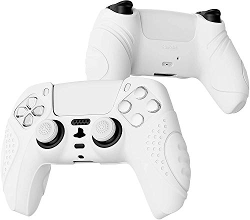 eXtremeRate PlayVital Funda de Silicona para PS5 Protector Tacto Suave Carcasa Ergonómica con 2 Tapas de Joysitcks para Playstation 5 Funda de Goma para PS5 Mando(Edición Guardian-Blanco)