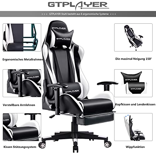 GTPLAYER Silla Gaming, Silla Gaming Reposapiés, Silla Gamer Ergonómica Ordenador Oficina de Cuero con Altura Ajustable Reposabrazos y Cojín Lumbar Engrosado Respaldo Reclinable (Blanco)