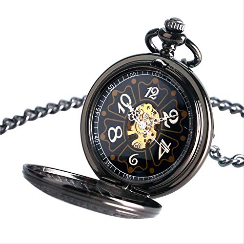 N/ A Colgante de Bolsillo Mecánico Reloj de Bolsillo de Viento Manual para Mujer Regalo Negro Hollow Star Steam Punk Skeleton Dial Clock