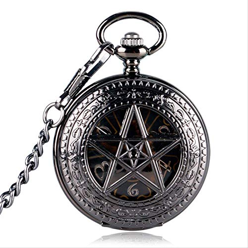 N/ A Colgante de Bolsillo Mecánico Reloj de Bolsillo de Viento Manual para Mujer Regalo Negro Hollow Star Steam Punk Skeleton Dial Clock