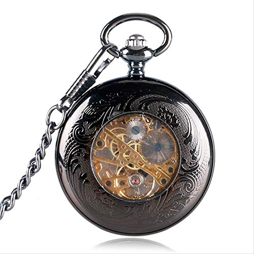 N/ A Colgante de Bolsillo Mecánico Reloj de Bolsillo de Viento Manual para Mujer Regalo Negro Hollow Star Steam Punk Skeleton Dial Clock