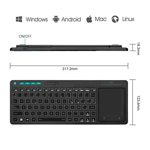 Rii K18 Plus -Teclado inalámbrico touchpad con 3 Colores LED, batería Recargable de Ion de Litio, QWERTY español, Color Negro