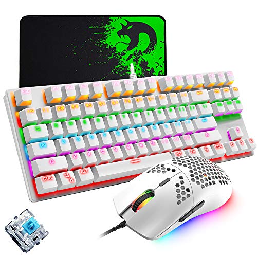 Teclado para Juegos, Mouse para Juegos Ultraligero Programable de 6400 DPI, Juego de Alfombrillas para Mouse, Teclado Mecánico con Cable de 87 Teclas RGB, for PC PS4 PS5 Xbox (interruptor blanco)