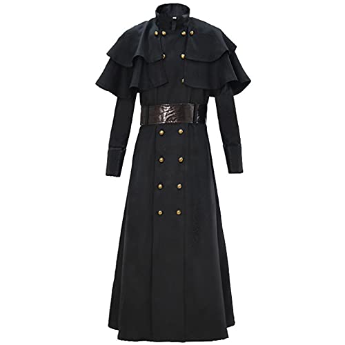 WKNBEU Disfraz de Cosplay Steampunk gótico para Hombre, Chaqueta Larga, Abrigo, Disfraces de Halloween, Botones Vintage, Prendas de Vestir Exteriores para Invierno y otoño Black-S