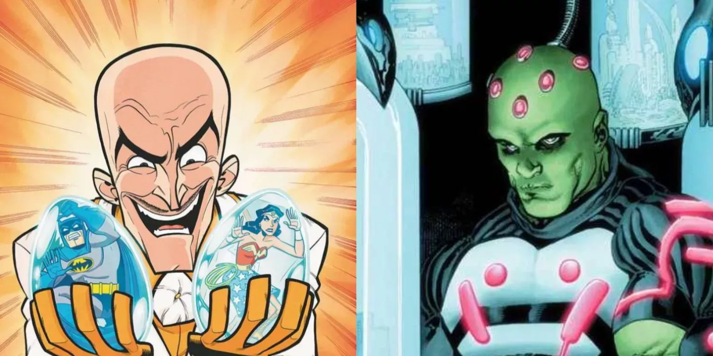 A split image of Egghead and Brainiac in DC Comics