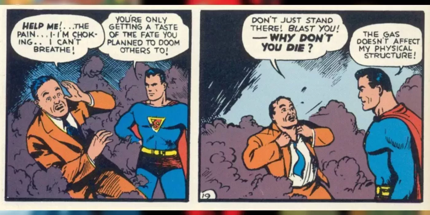 Golden Age Superman watches a man die coldly