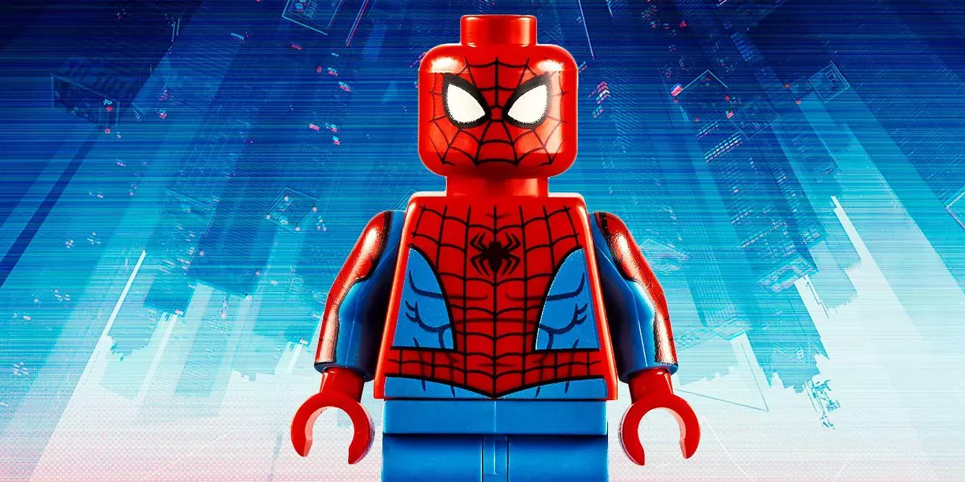 LEGO Spider-Man in front of upside down skyscrapers.