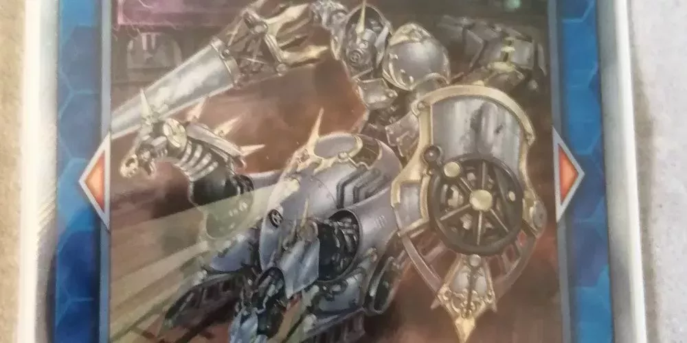 Iron Knight of Revolution Yu-Gi-Oh card, with a train-themed knight riding two steel horses.