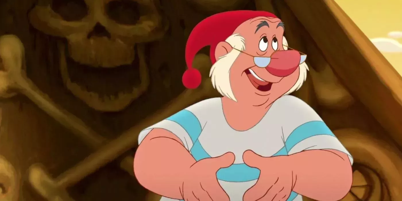 Mr. Smee smiling with his hands in front of him in Peter Pan