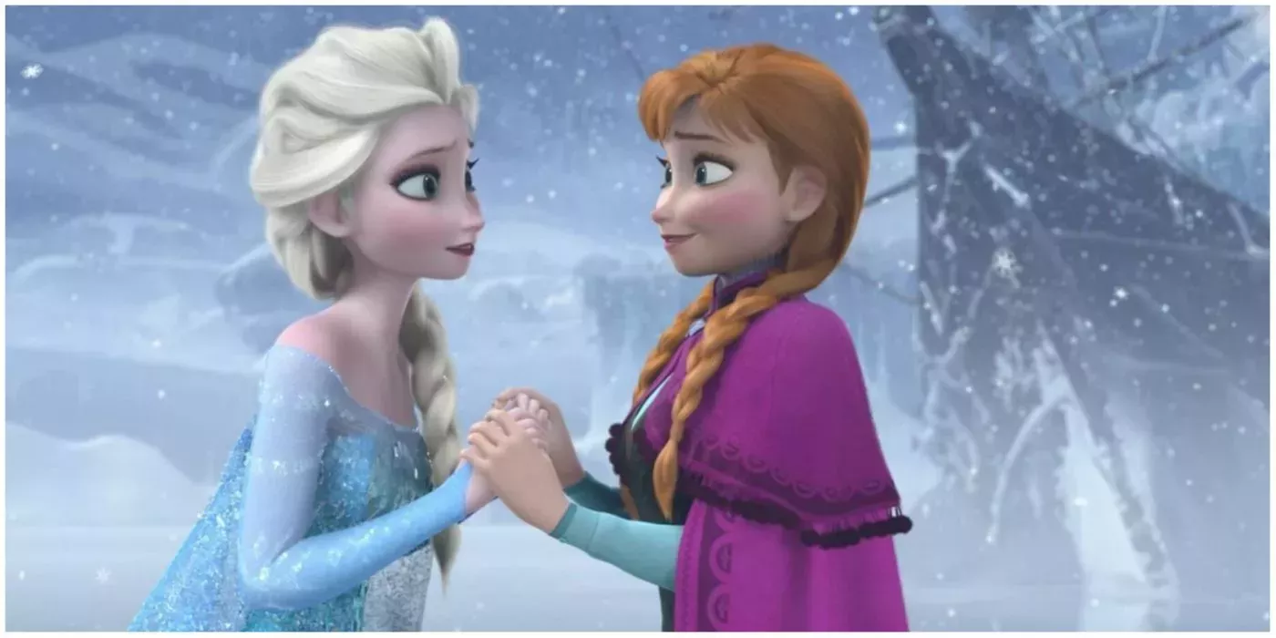 Elsa and Anna holding hands in Frozen.