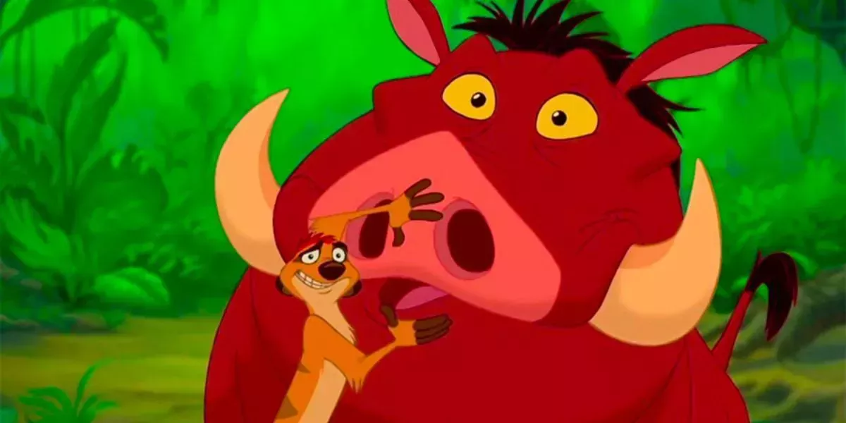 Timon covering Pumbaa's mouth (The Lion King)