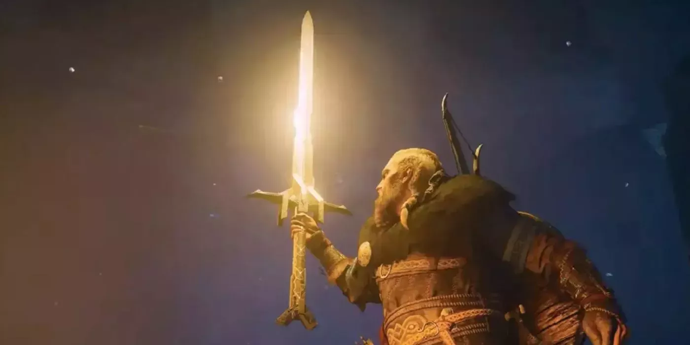 Eivor holds Excalibur aloft in AC Valhalla