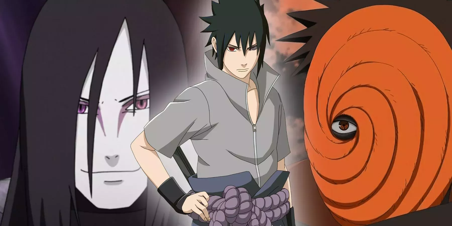 From left to right: Orochimaru, Sasuke Uchiha, Obito Uchiha.