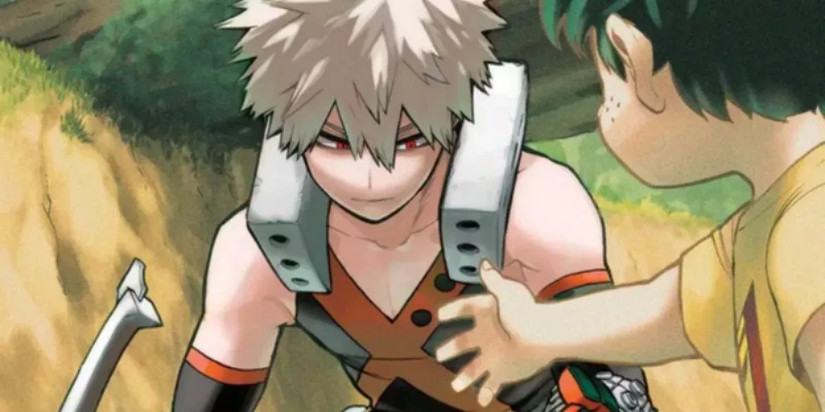 Teenage Bakugo looks at child Midoriya’s outstretched hand as he sits in a pond. 