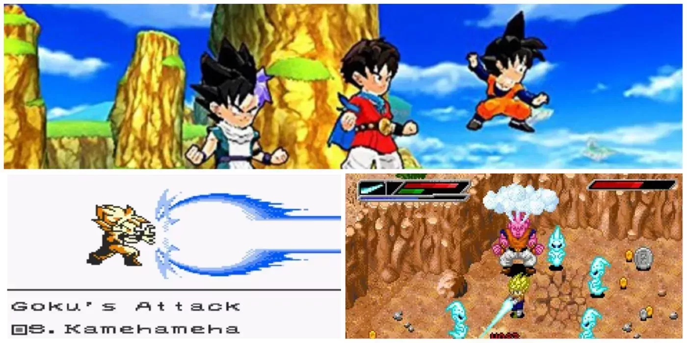 A split image of Dragon Ball RPGs, including Dragon Ball Fusions, Dragon Ball Z: Legendary Super Warriors, and Dragon Ball Z: Buu's Fury