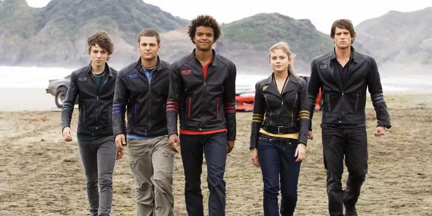 The heroes of Power Rangers RPM: Scott, Flynn, Summer, Ziggy, and Dillon