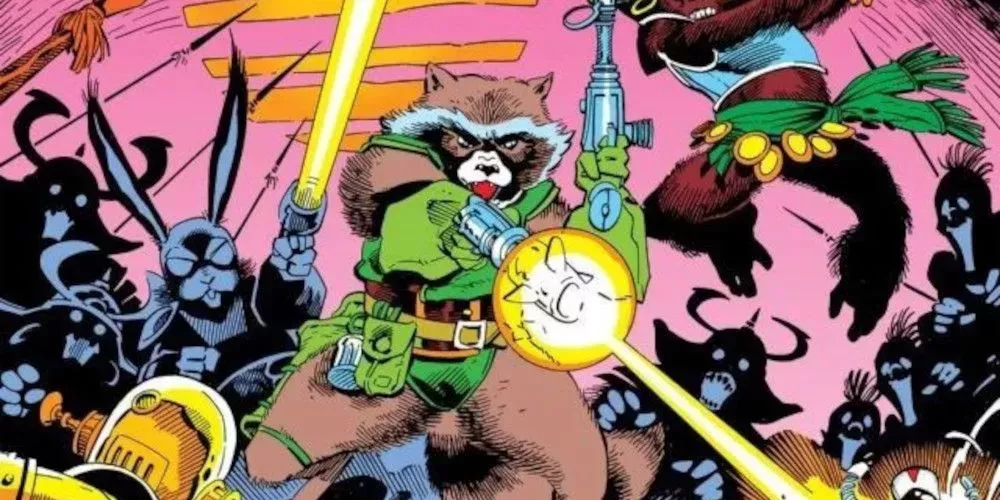 Rocket Raccoon in the cover of his first solo run shooting his guns