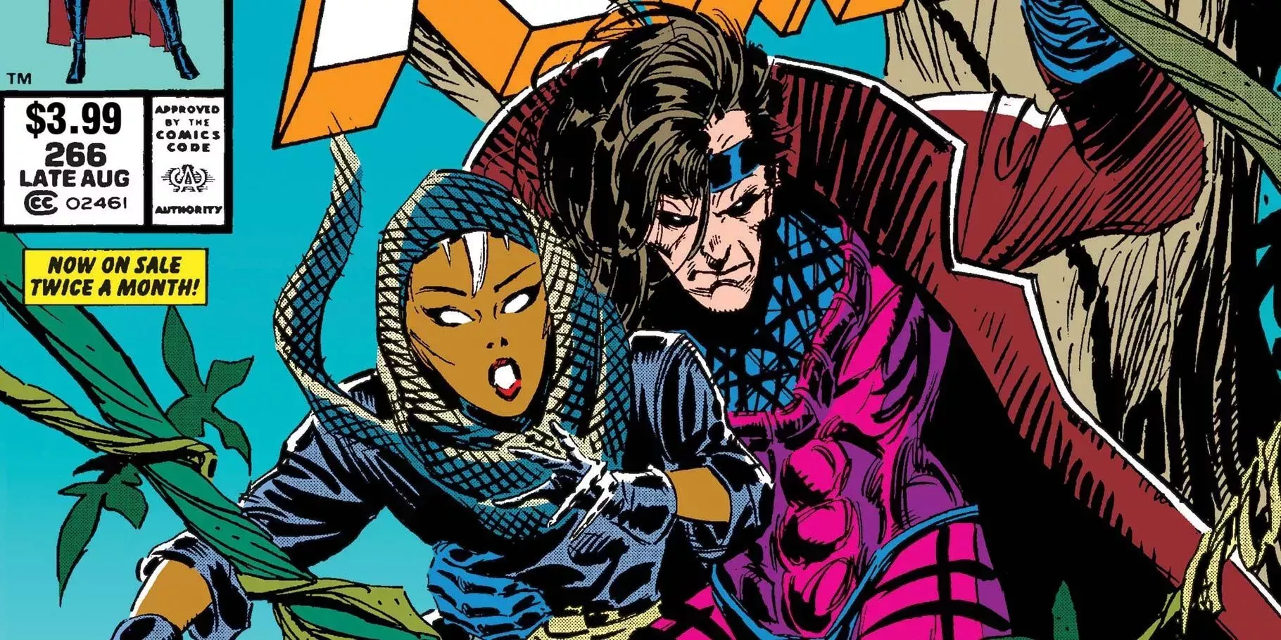 Storm and Gambit being pursued on the cover of Uncanny X-Men #266 by Marvel Comics