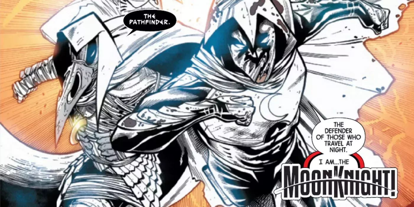 moon knight fighting alongside his various personas as well as Khonshu and Scarlet Scarab