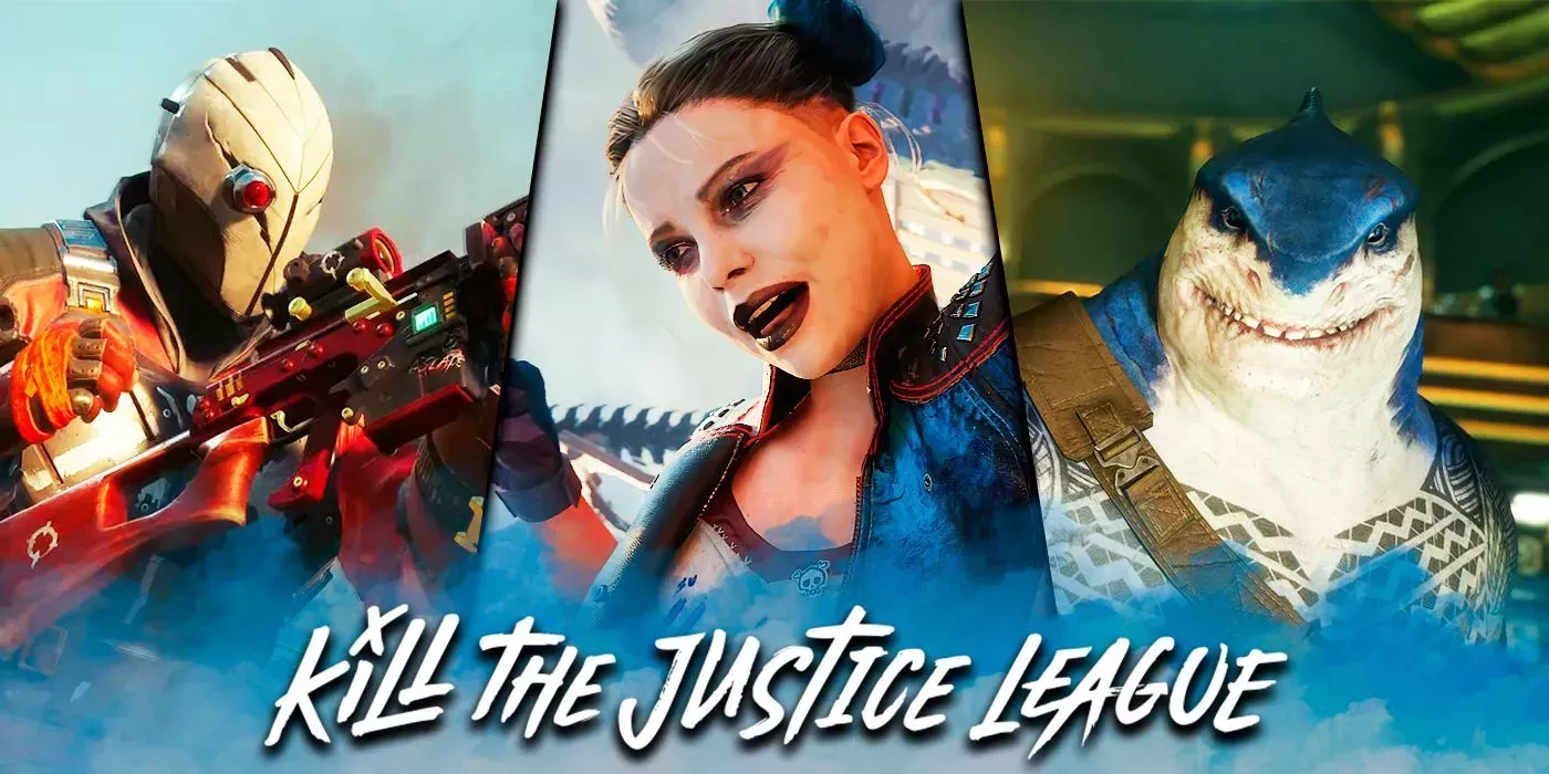 A split image of Harley Quinn, King Shark, and Deadshot from Suicide Squad: Kill the Justice League