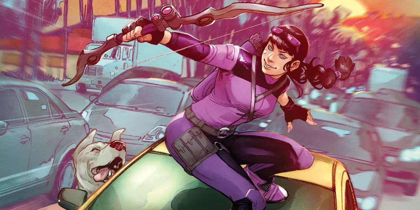 Kate Bishop as Hawkeye shooting an arrow from the top of a car with Lucky next to her