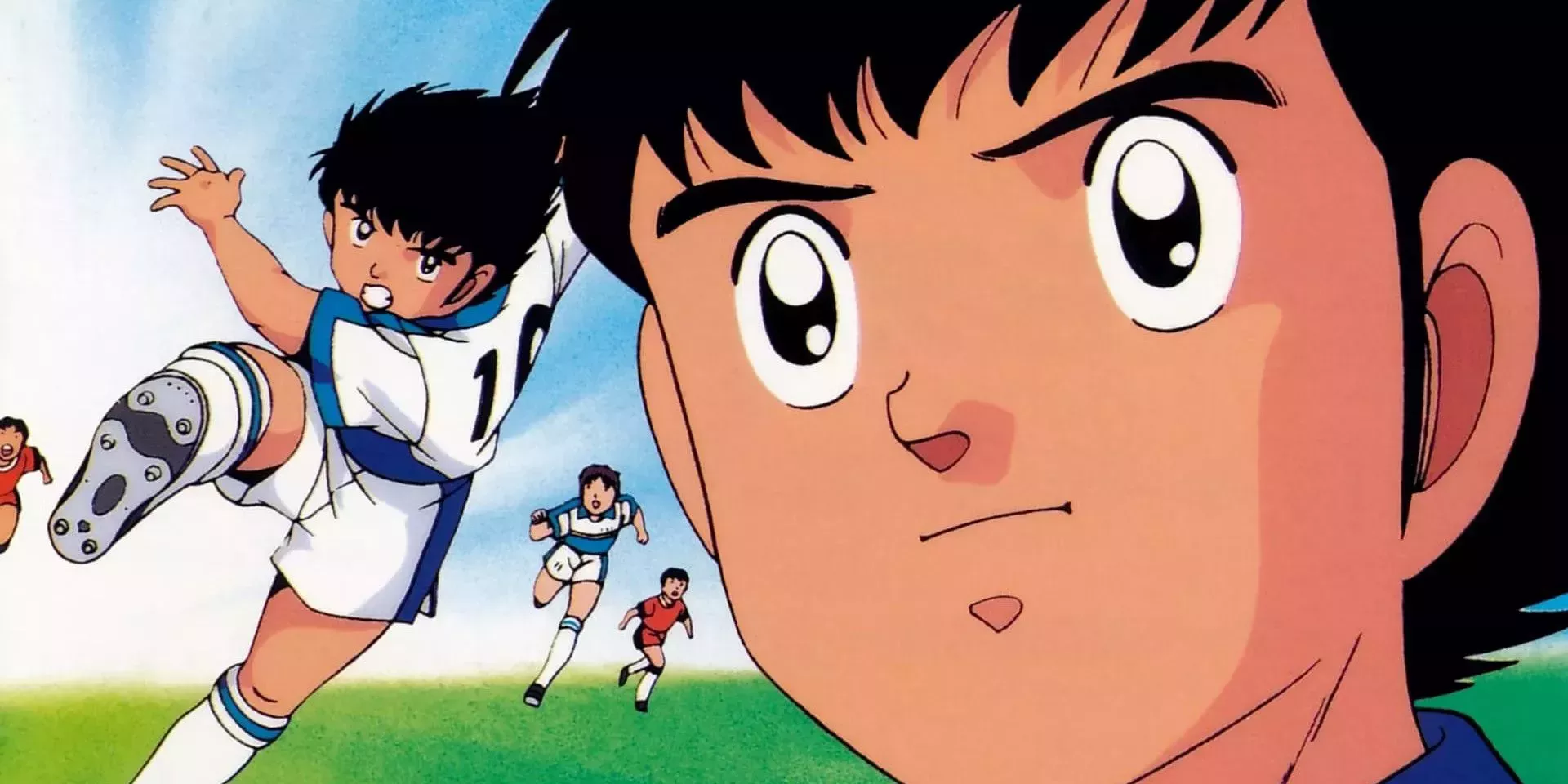 A collage of Tsubasa Oozora playing soccer and of a close-up of Tsubasa Oozora from Captain Tsubasa.