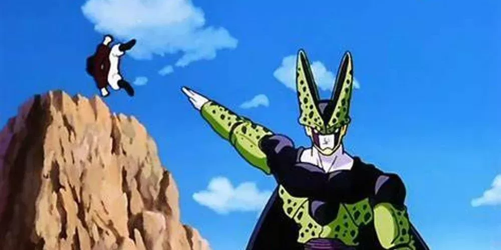 Cell from Dragon Ball Z contemptuously throws Mr Satan into the cliff behind him with one hand.