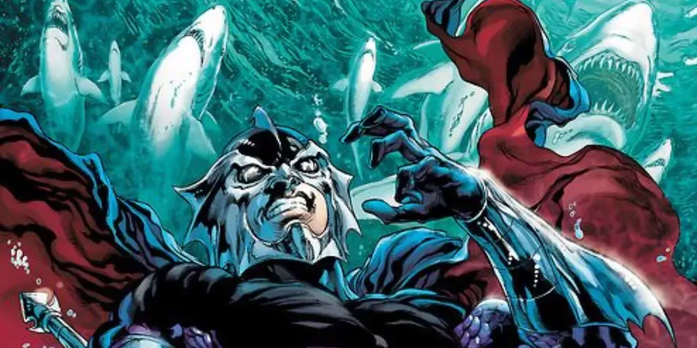 Ocean Master gestures against a swarm of sharks, as drawn by Ivan Reis