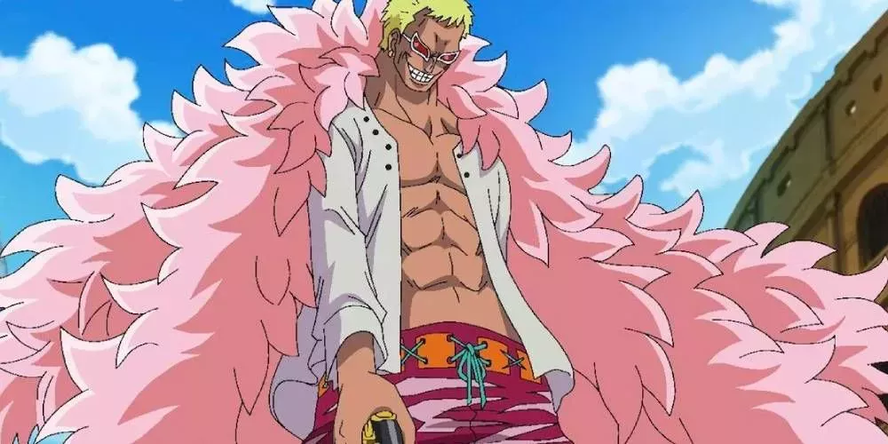 Doflamingo gloats over a hostage in One Piece