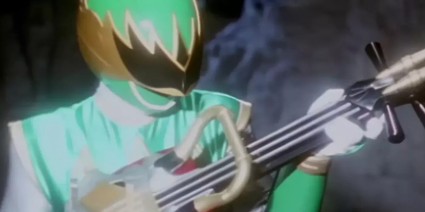 Green Samurai Ranger Cameron Watanabe holds the Lightning Riff Blaster - Power Rangers Ninja Storm