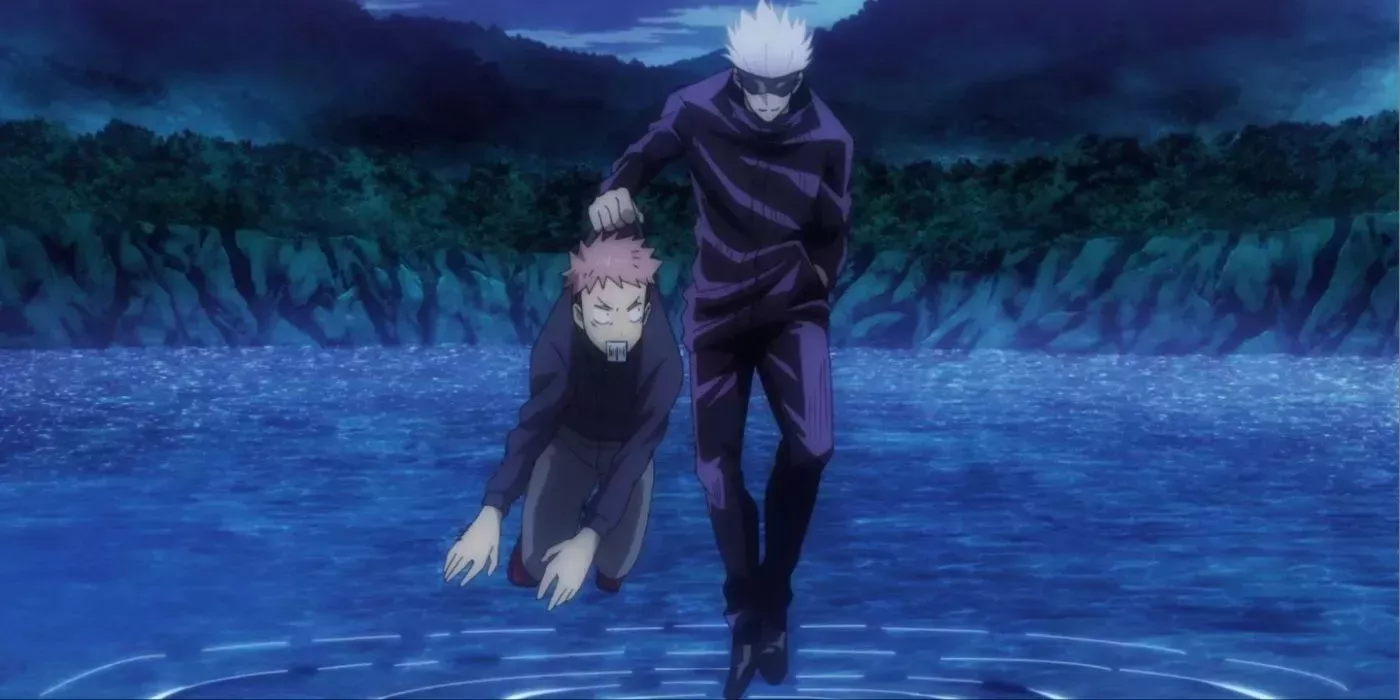 Gojo holding Yuji above water in Jujutsu Kaisen 