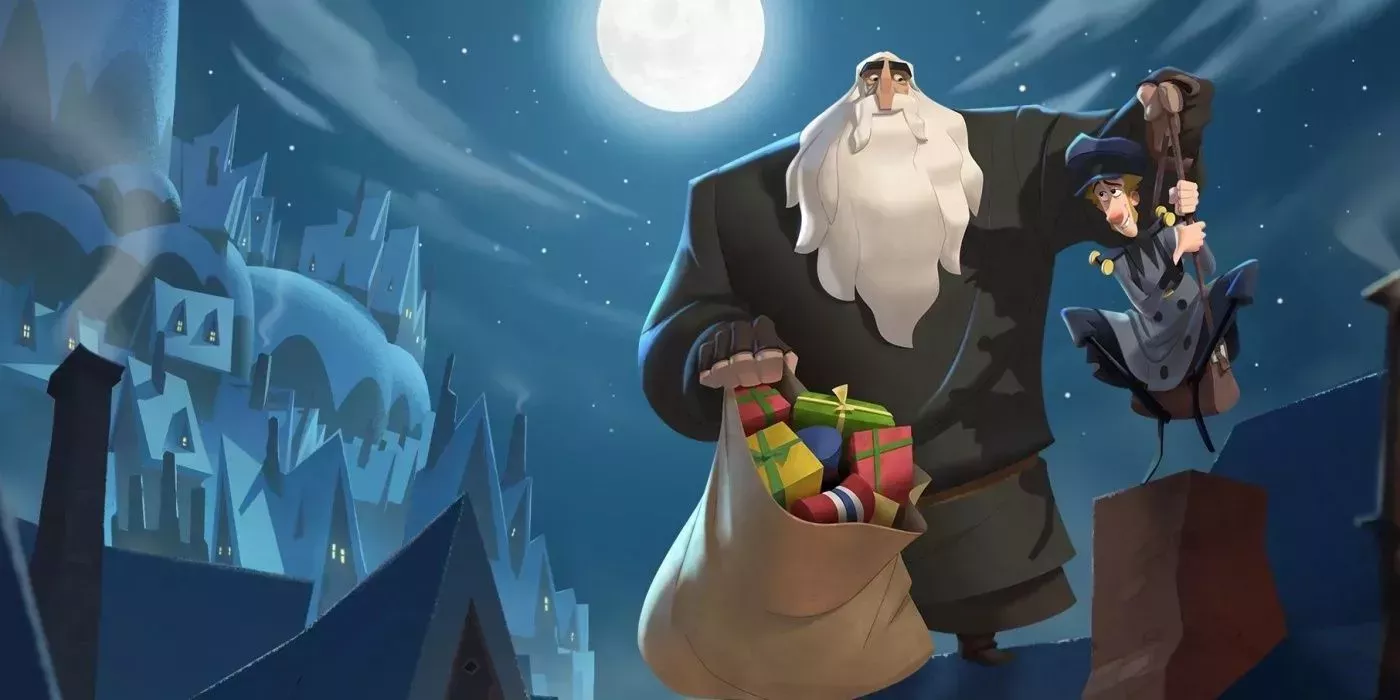 Klaus holds a bag of presents and Jesper over a chimney in Netflix's Klaus