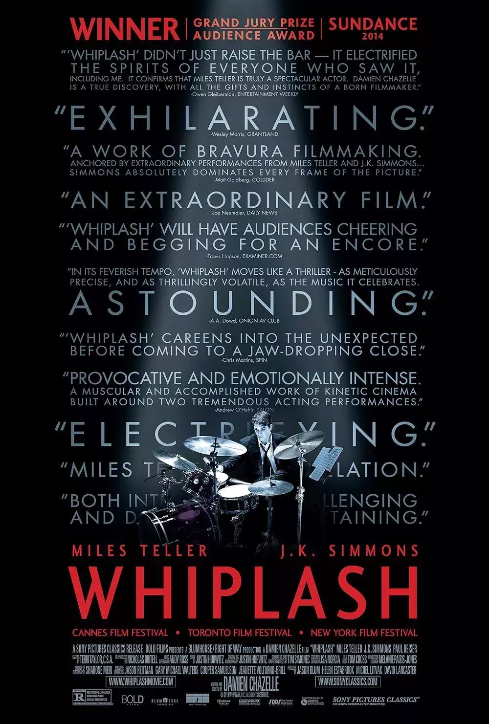 Mile Tellers playing the drums on the poster of Whiplash against critics quotes about the film