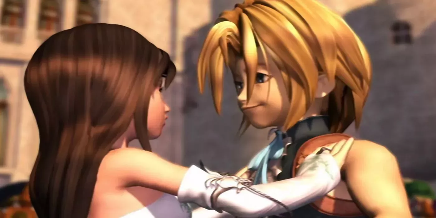 Garnet putting her hands on Zidane's shoulders in Final Fantasy IX.