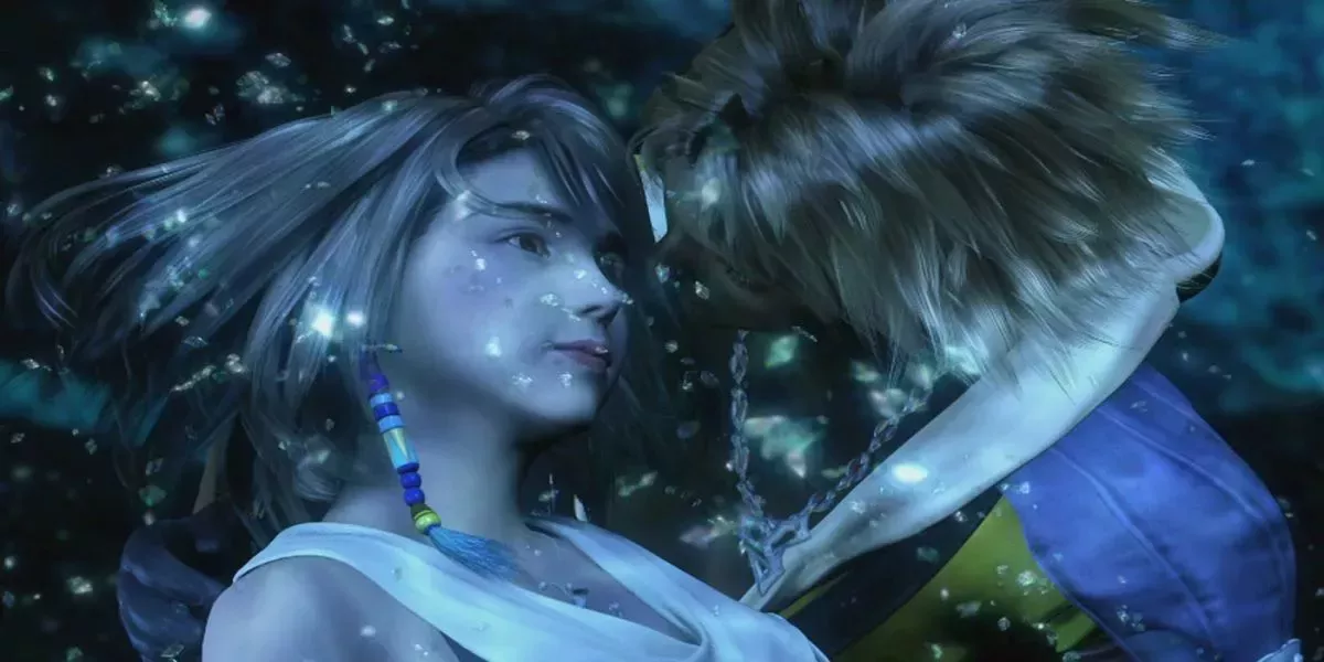 Tidus and Yuna about to kiss from Final Fantasy X.