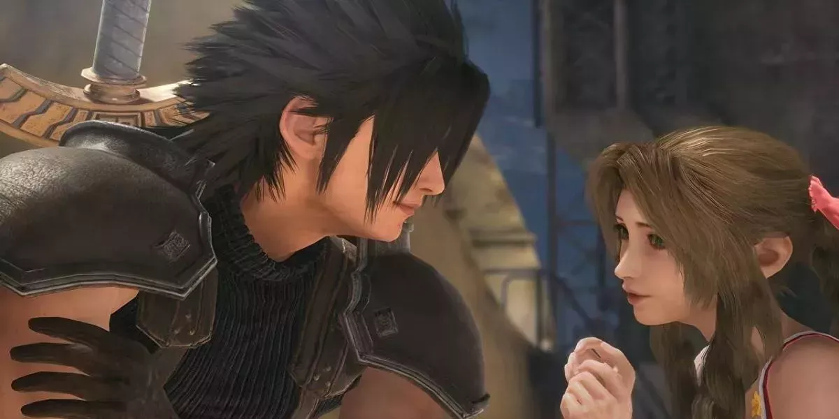 Zack leaning in towards an embarrased Aerith in Final Fantasy 7 Crisis Core.