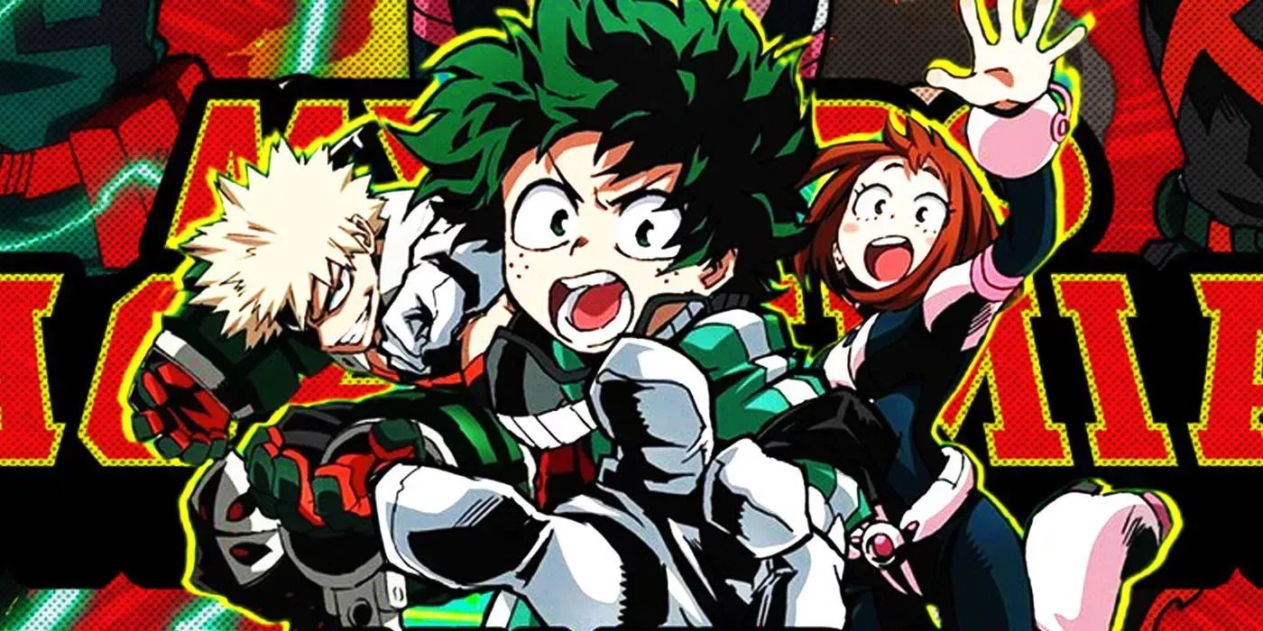 Bakugou, Deku, and Ochaco jump at the audience in My Hero Academia Season 1