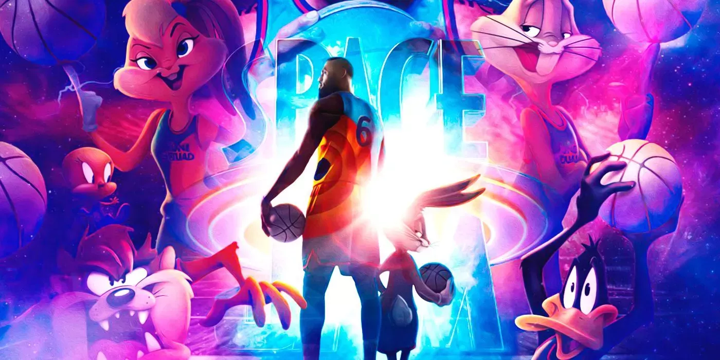 A poster for Space Jam: A New Legacy featuring its live-action and animated cast.