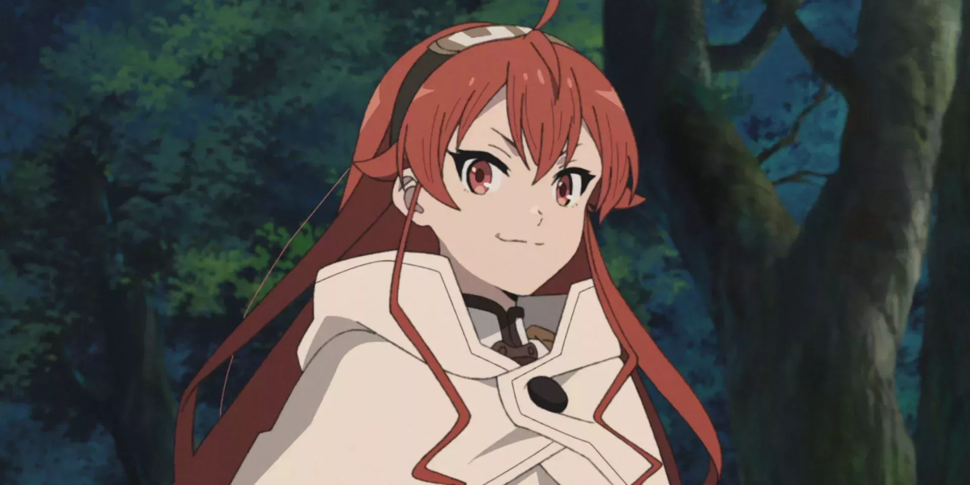 Eris Boreas Greyrat from Mushoku Tensei with a grin on her face.