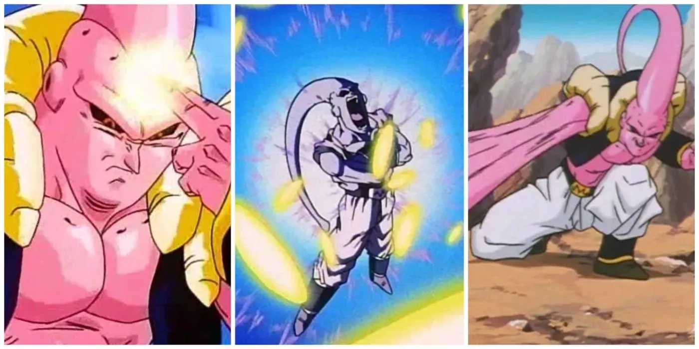 A split image of Super Buu using stolen techniques from absorbed characters in Dragon Ball Z