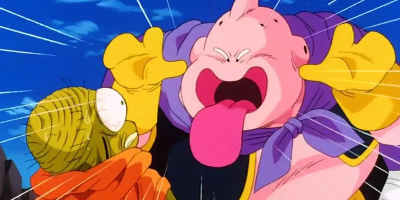 Majin Buu sticking his tongue out at Babidi in Dragon Ball Z