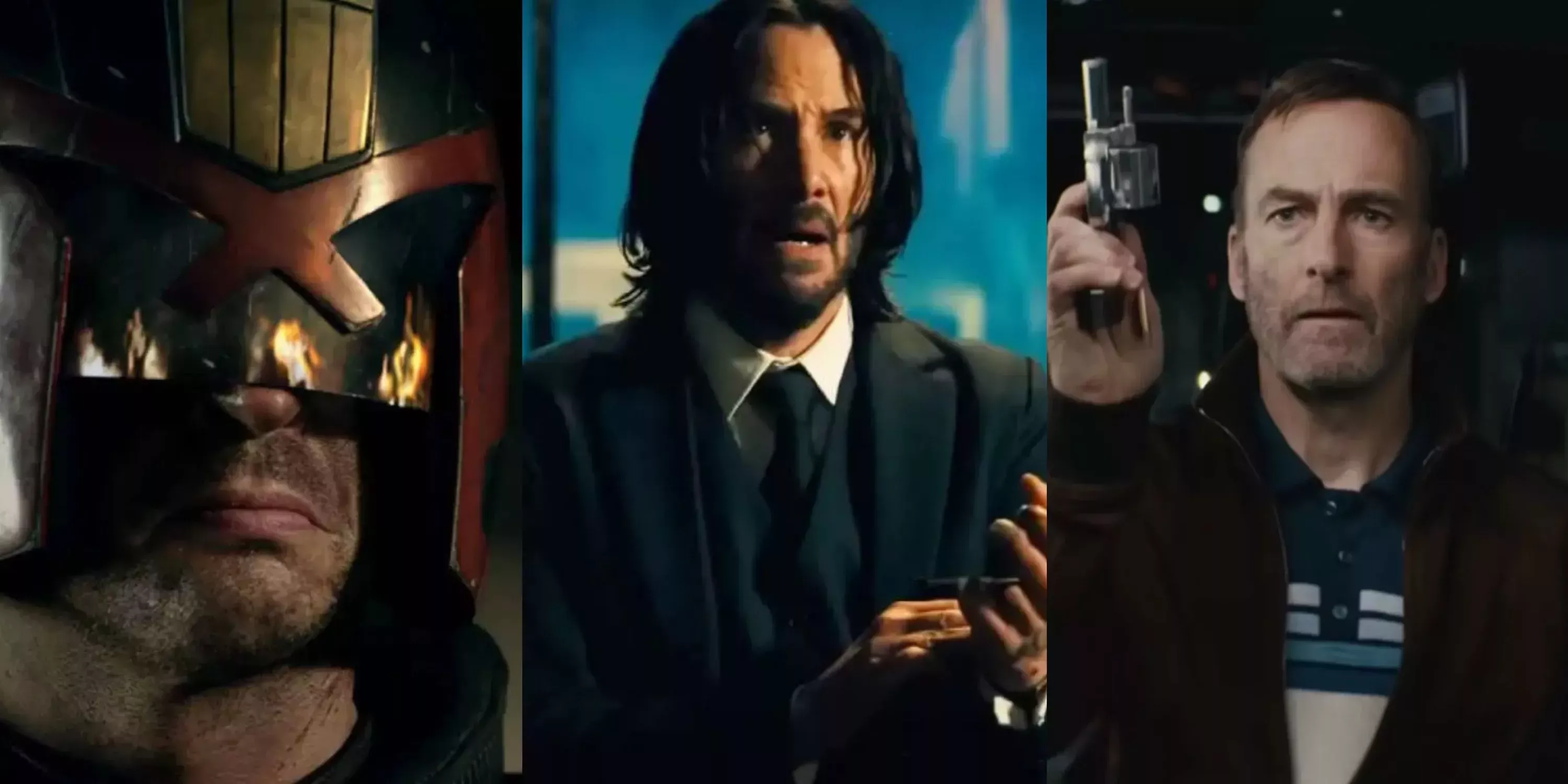 Split image Dredd, John Wick, Hutch in Nobody