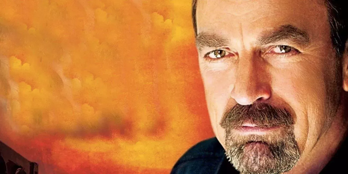 Jesse Stone (Tom Selleck) in front of an orange background