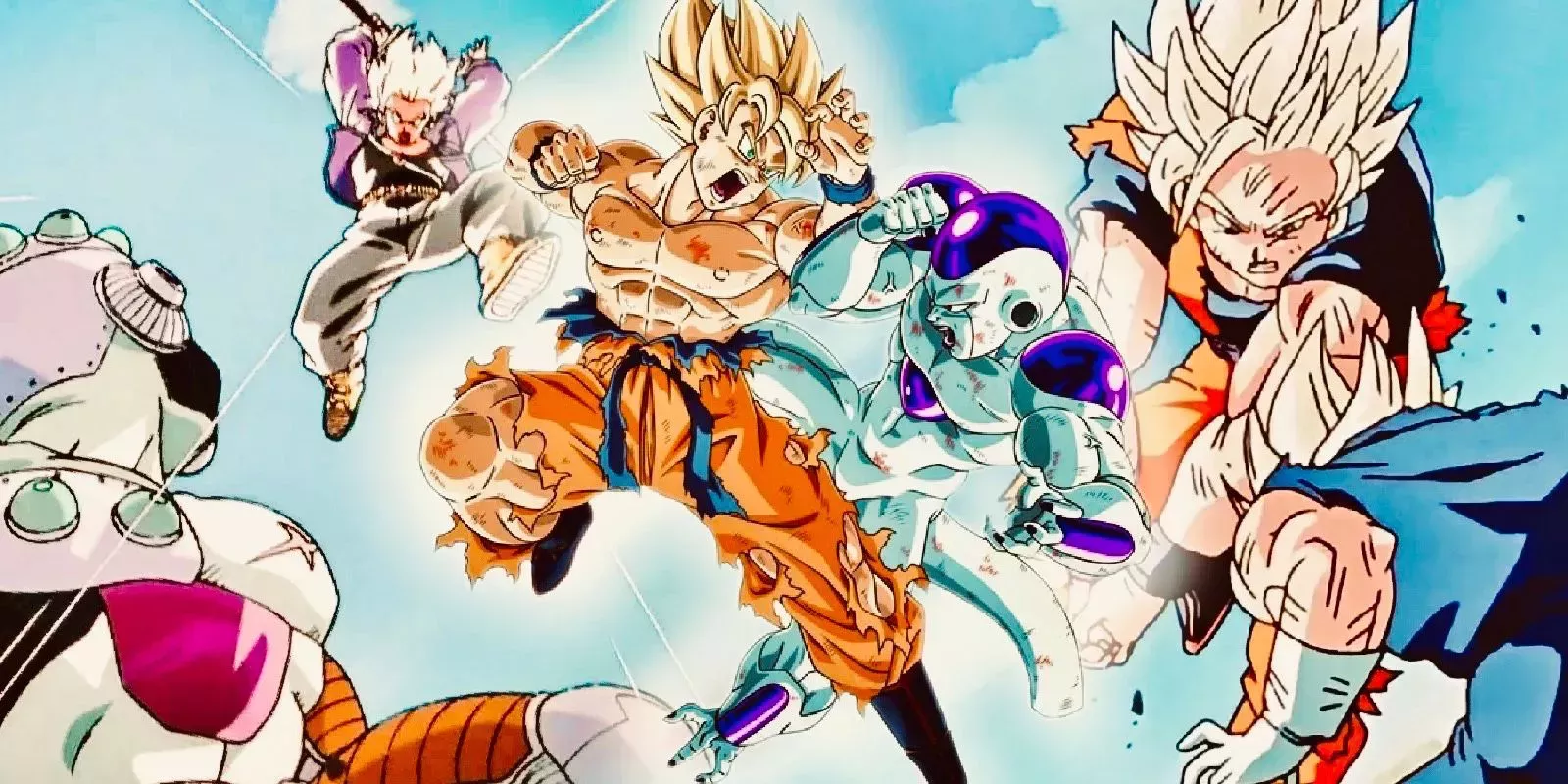 Goku fighting frieza in front of future trunks and Majin Vegeta in dragon ball z