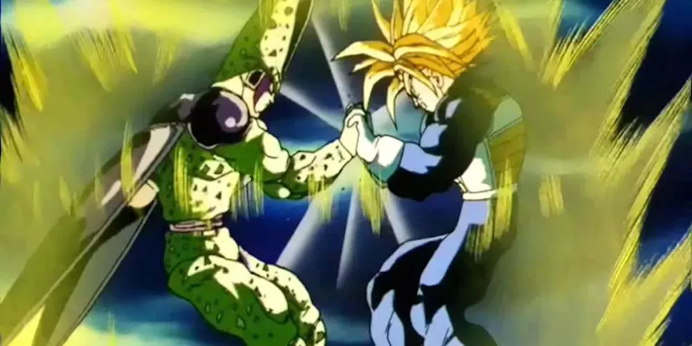 Future Trunks fights Perfect Cell in Dragon Ball Z.