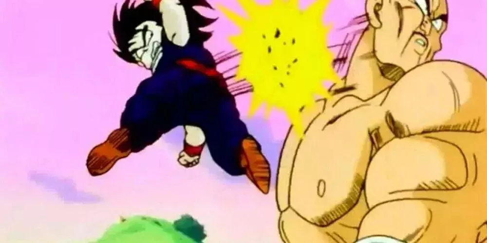 Gohan kicks Nappa in the face in Dragon Ball Z.